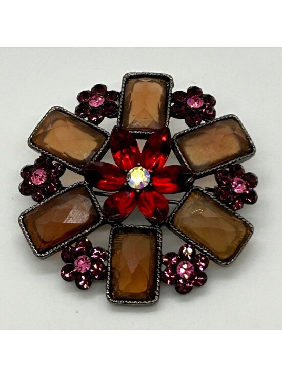 Estate Jewelry - Large Vintage Flower Brooch Pin Rhinestone Red Gold Pink Acrylic Gunmetal Retro